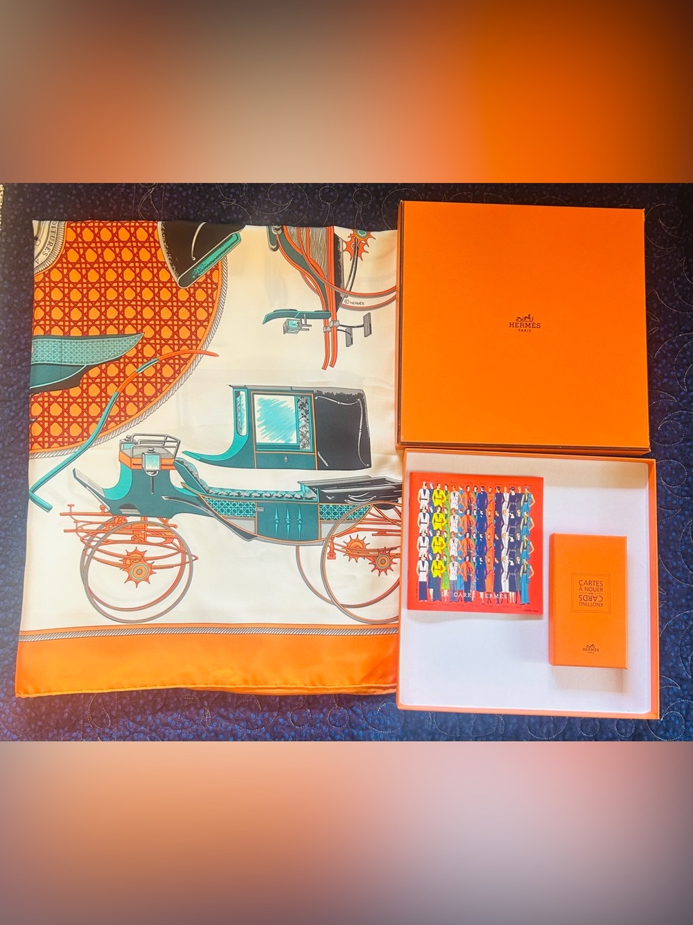 Hermes Silk Scarf Carre 90 LES VOITURES A TRANSFORMATION White orange box
